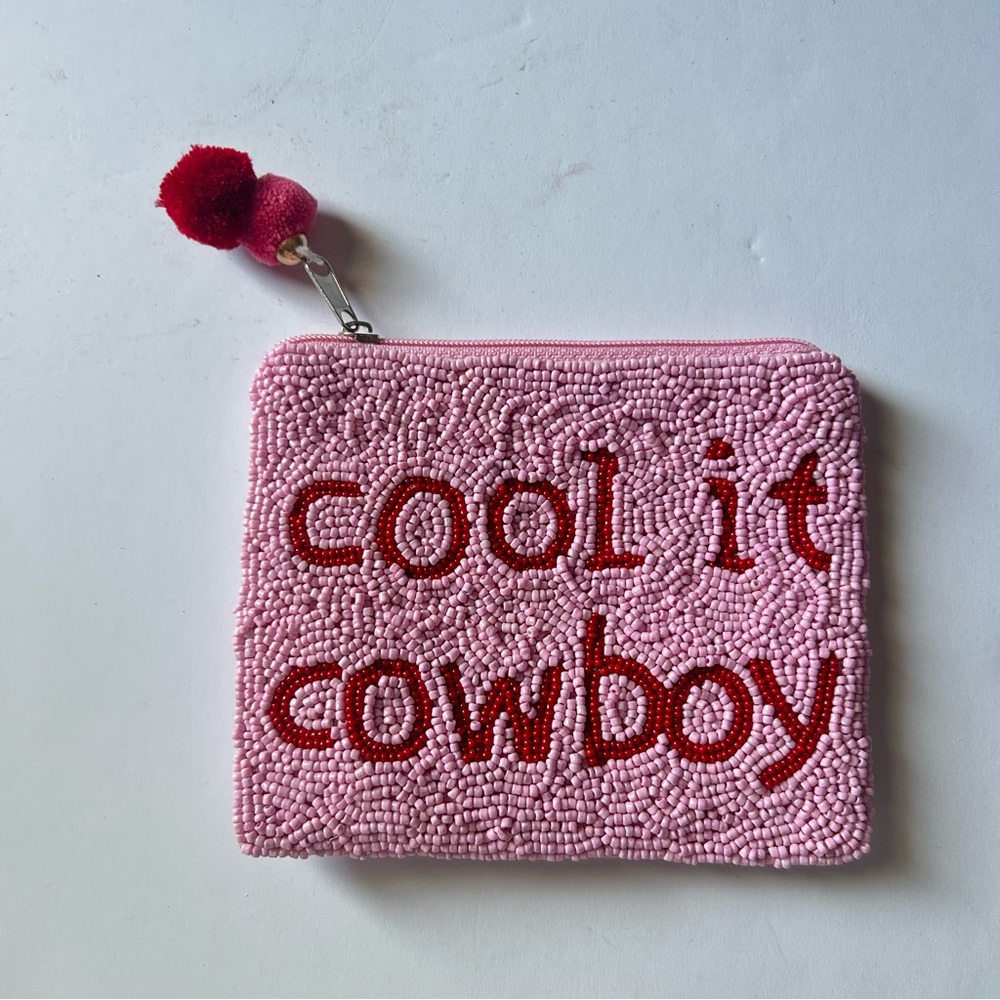 Cowboy Beaded Flat Zip Pouch with pompom zipper